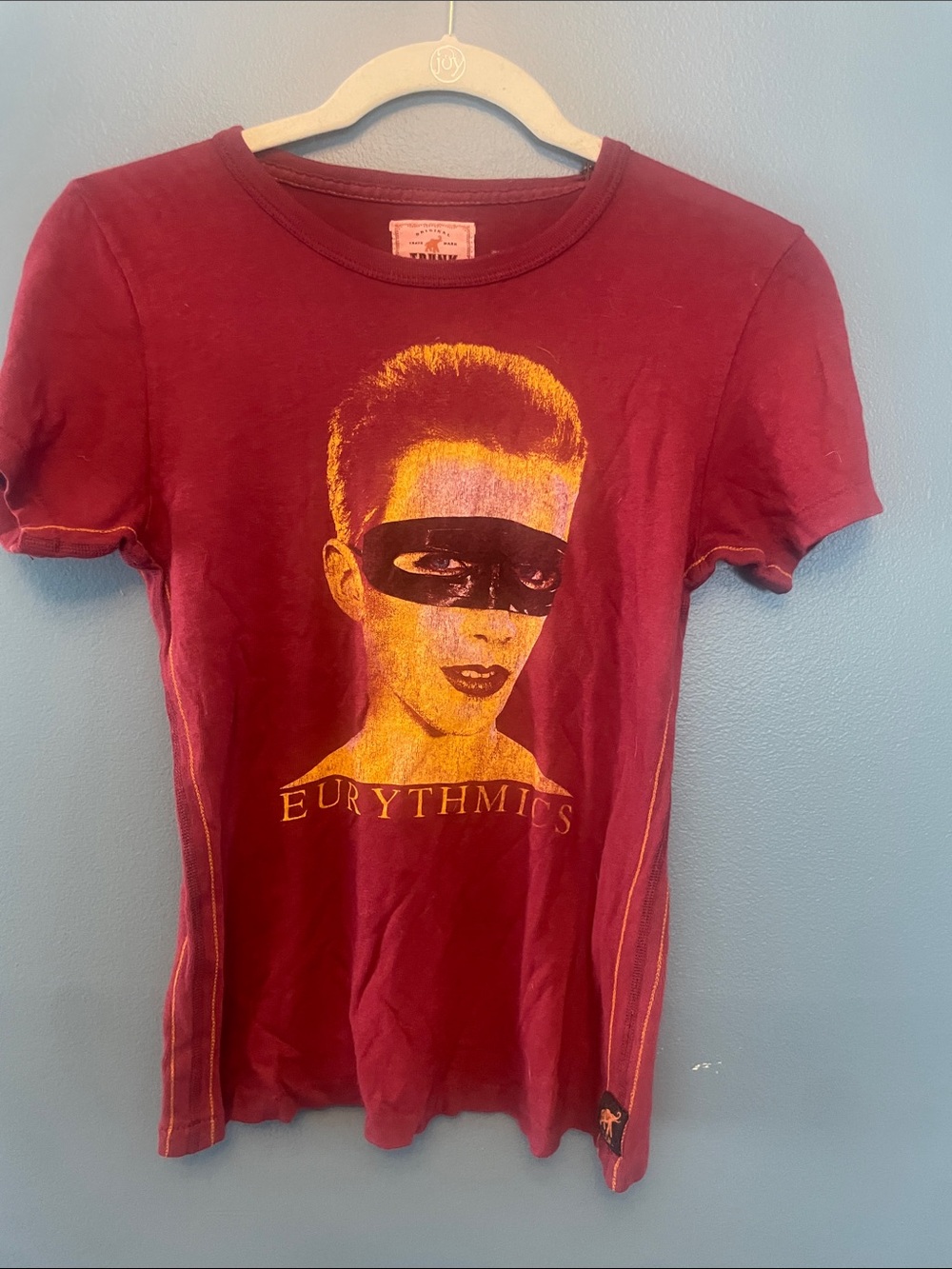 Trunk Ltd Women's Short Sleeve Eurythmics Graphic Tee in Burgundy and Yellow